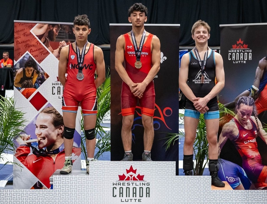 Athletes on the podium at the 2026 Canadian Wrestling Championships in Montreal, Quebec